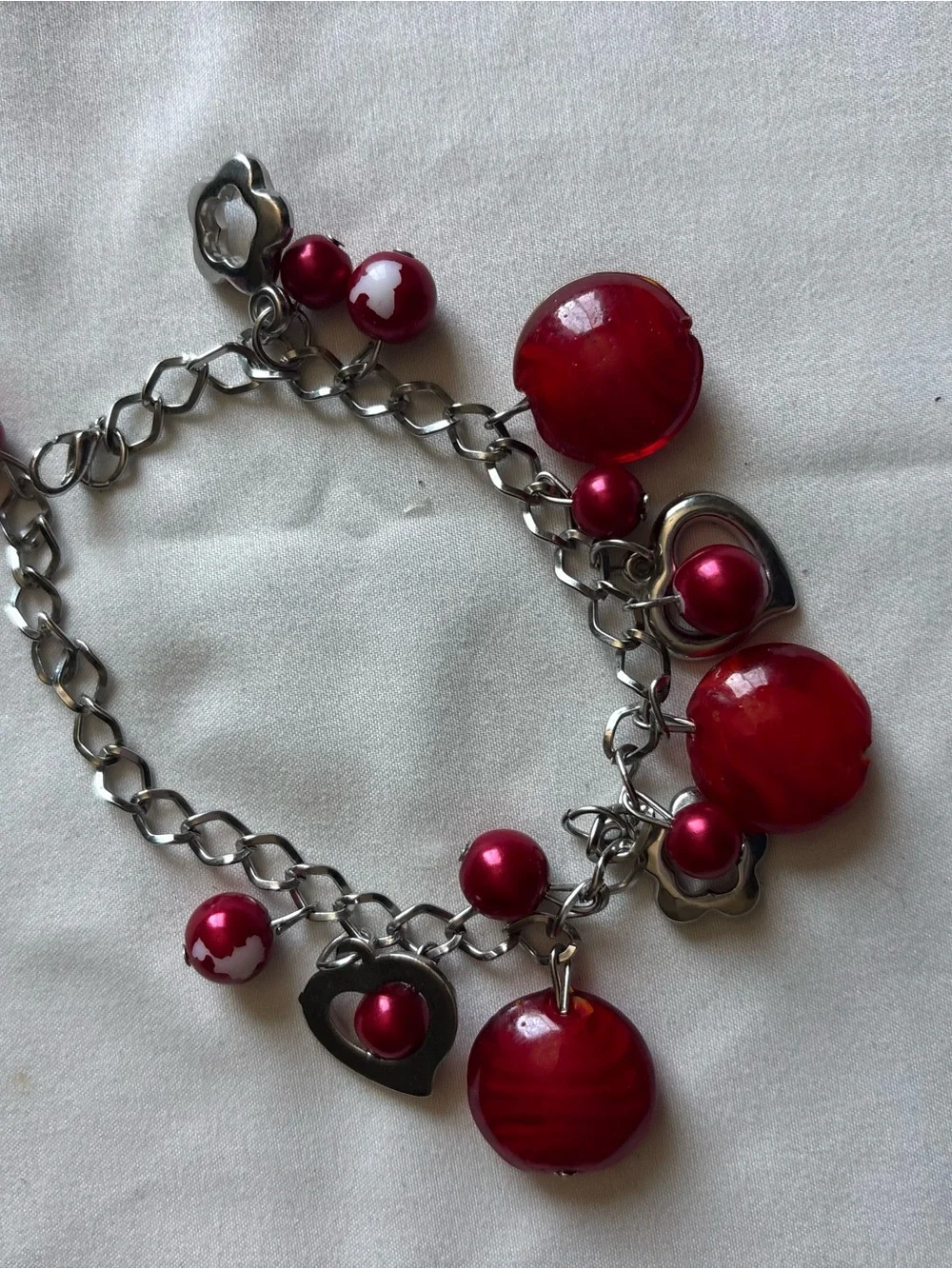 Red Beaded Heart Charm Bracelet - Women Jewelry